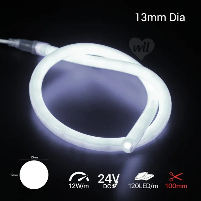 13mm Round 360 LED Neon Flex | Cut every 100mm | 12w | 24v | 1m