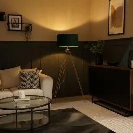 Aero Hairpin Gold Tripod Floor Lamp with Large Velvet Reni Shade in Forest Green