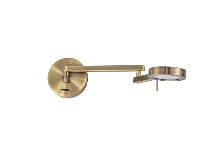 Burley Switched Adjustable Swing Arm Wall Lamp / Reader, 1 x 8W LED, 3000K, Antique Brass, 3yrs Warranty