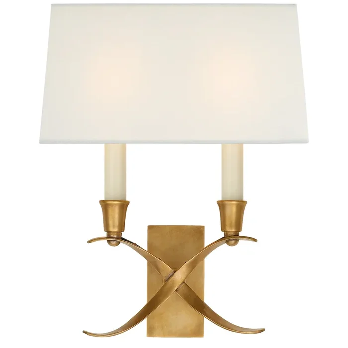 Chapman & Myers Cross Bouillotte Small Sconce in Antique-Burnished Brass with Linen Shade Wall Light W11.5″ x H12.75″CHD 1190AB-L