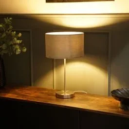 Charlie Brushed Chrome Table Lamp with Small Velvet Reni Shade in Grey