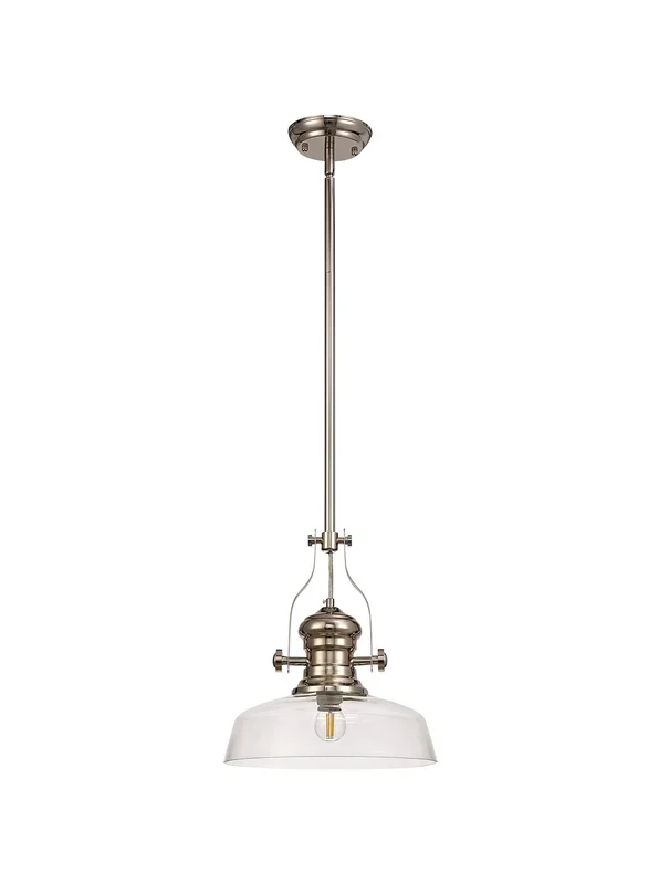 Docker 1 Light Pendant E27 With 30cm Flat Round Glass Shade, Polished Nickel/Clear
