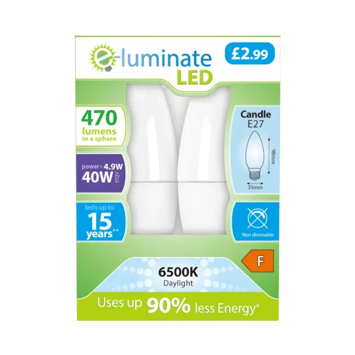 E-Luminate 4.9W E27 Candle LED Bulb – 470lm – 6500K – 2 Pack