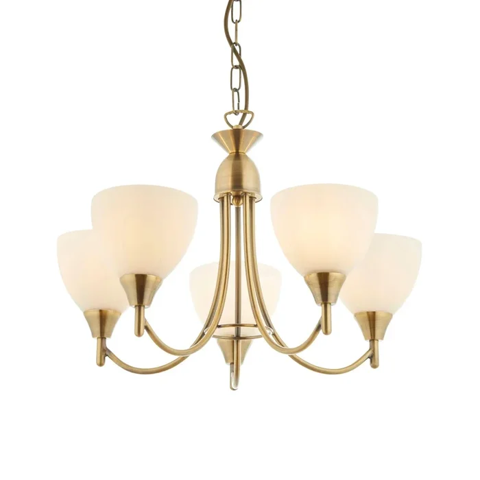 Endon Lighting 1805-5AN Alton Indoor Pendant Light Antique brass plate & opal glass Dimmable