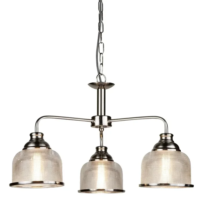Searchlight Bistro II 3Lt Pendant- Satin Silver & Holophane Style Glass Search Light Part Number 1683-3SS