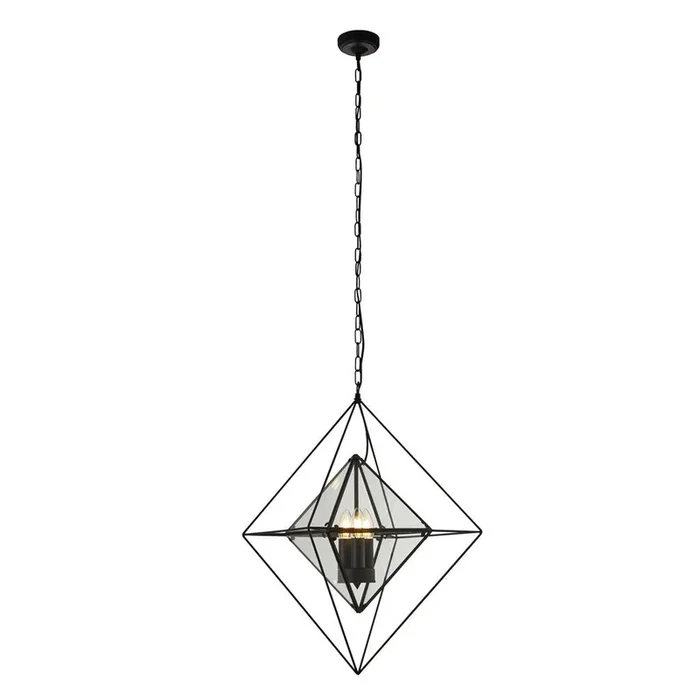 Searchlight Diamond 3Lt Pendant – Black With Clear Glass Panels 7323-3Bk
