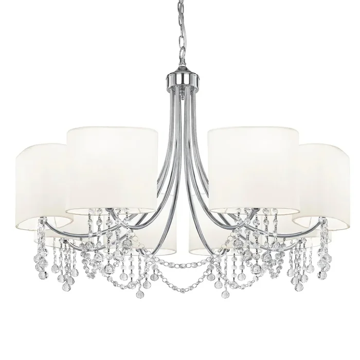 Searchlight Nina 8Lt Ceiling Pendant – Chrome, Crystal & White Shades Search Light Part Number 1058-8CC