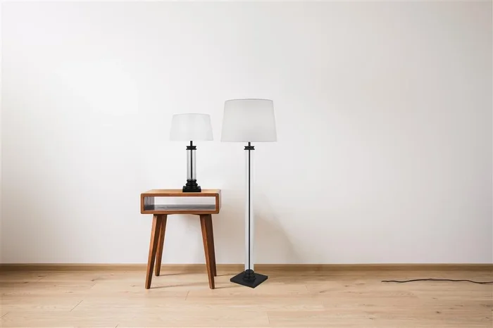 Searchlight Pedestal Floor Lamp – Glass Column & Black Base, White Shade 5142Bk