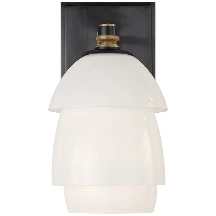 Thomas O’Brien Whitman Small Sconce in Bronze and Hand-Rubbed Antique Brass with White Glass Shade Wall Light W4.75″ x H8.5″TOB 2111BZ/HAB-WG