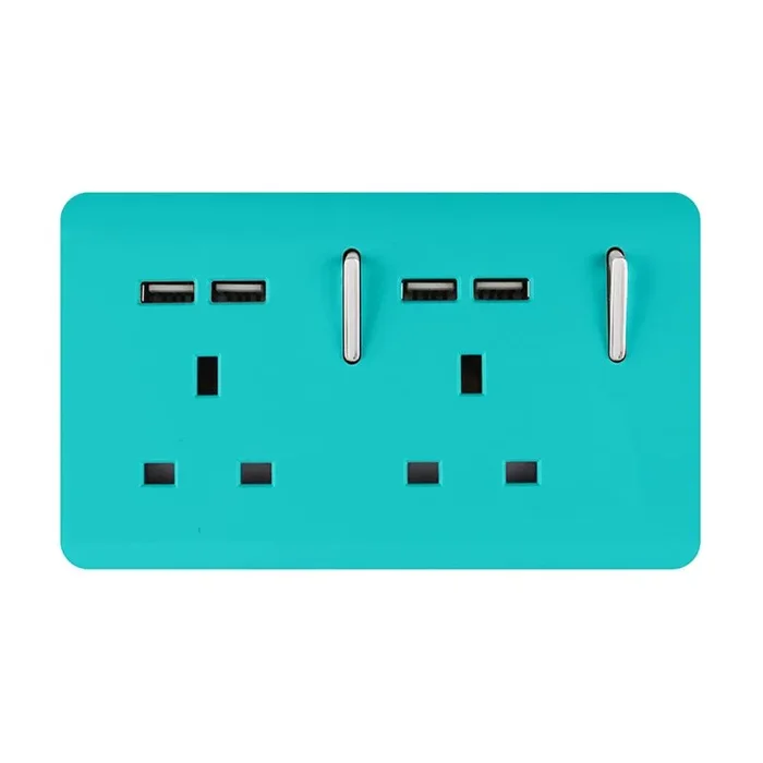 Trendi, Artistic 2 Gang 13Amp Switched Double Socket With 4X 2.1Mah USB Bright Teal Finish, BRITISH MADE, (45mm Back Box Required), 5yrs Warranty