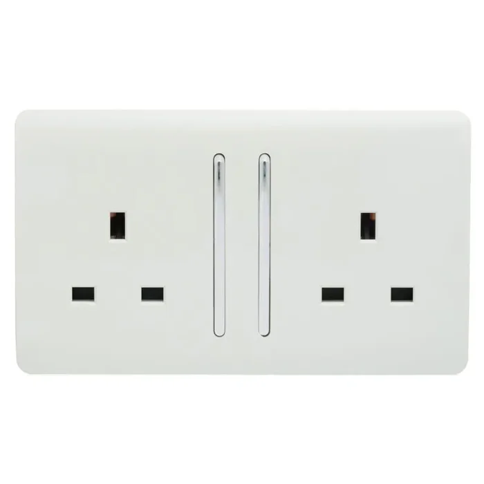 Trendi, Artistic Modern 2 Gang 13Amp Long Switched Double Socket Ice White Finish, BRITISH MADE, (25mm Back Box Required), 5yrs Warranty